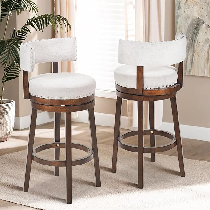 COLAMY Swivel Bar Stool Set of 2, Bar Height Bar Chair, Modern Barstool with Back, Upholstered Wood Barstool for Kitchen Island Dining Room, Beige