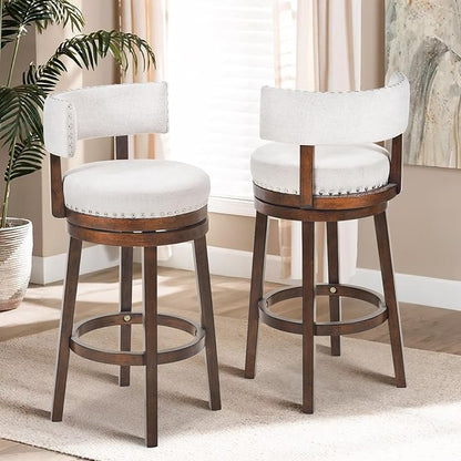 COLAMY Swivel Bar Stool Set of 2, Bar Height Bar Chair, Modern Barstool with Back, Upholstered Wood Barstool for Kitchen Island Dining Room, Beige