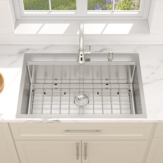 Dcolora 36 In. Drop In Kitchen Sink With Faucet Large Topmount Sink Workstation Stainless Steel Overmount Basin s Single Bowl 36"×22"×10", DC-SFDOE00014