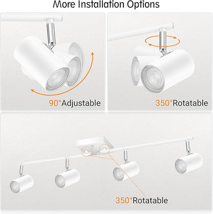 BoostArea 4-Light Track Lighting Kit, Modern Track Lighting Fixtures Ceiling, Rotatable Light Heads, Flush Mount Ceiling Spotlight, White Track Lighting for Living Room/Bedroom, GU10 Bulb Not Included