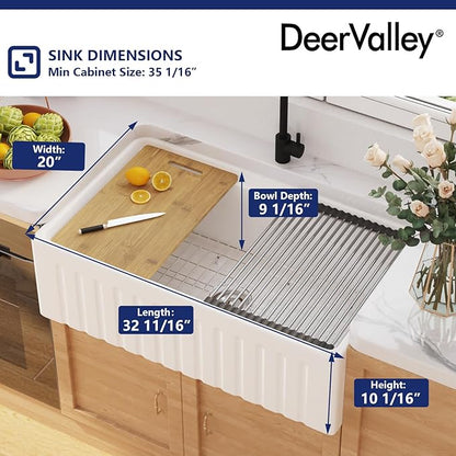 DeerValley Ceramic Farmhouse Workstation Sinks 33 inch, White Farmhouse Kitchen Sink, Reversible Apron Front Kitchen Sink Single Bowl with Grid, Sink Strainer & Workstation Accessories
