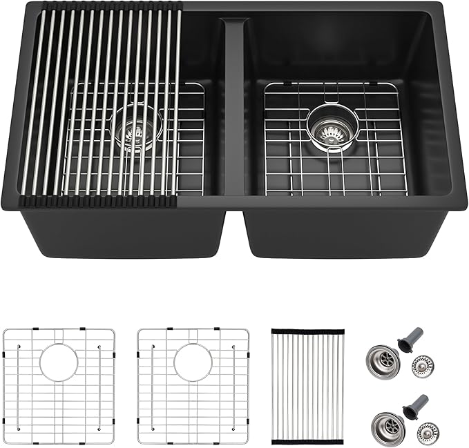 33 Granite Composite Kitchen Sink Double Bowl - Fulorni 33"×19" Granite Kitchen Sink Black Undermount Double Bowl 50/50 Matte Black Quartz Classic Composite Under Counter Sink Basin