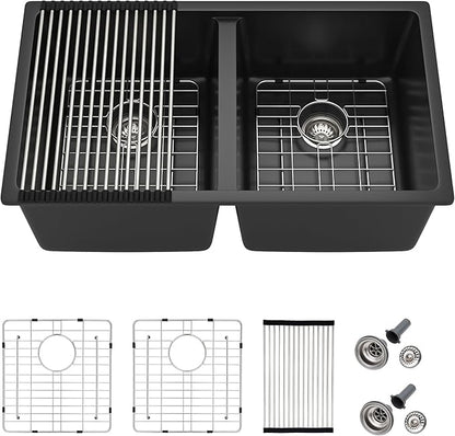 33 Granite Composite Kitchen Sink Double Bowl - Fulorni 33"×19" Granite Kitchen Sink Black Undermount Double Bowl 50/50 Matte Black Quartz Classic Composite Under Counter Sink Basin