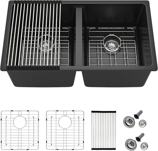 33 Granite Composite Kitchen Sink Double Bowl - Fulorni 33"×19" Granite Kitchen Sink Black Undermount Double Bowl 50/50 Matte Black Quartz Classic Composite Under Counter Sink Basin