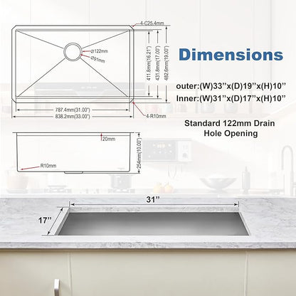 33 Inch Black Undermount Kitchen Sink Single Bowl Kitchen Stainless Steel Sink with Cutting Board,(Undermount Single Bowl, 33Inch Black)