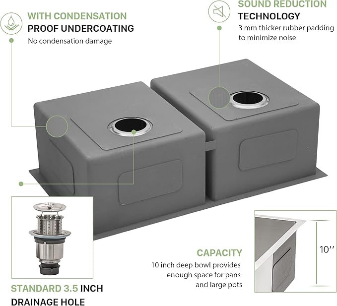 33 Undermount Double Bowl Kitchen Sink - Beslend 33x19x10 Inch Double Sink Stainless Steel Undermount Sinks 16 Gauge 50/50 Double Bowl Sinks