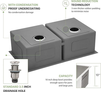 33 Undermount Double Bowl Kitchen Sink - Beslend 33x19x10 Inch Double Sink Stainless Steel Undermount Sinks 16 Gauge 50/50 Double Bowl Sinks