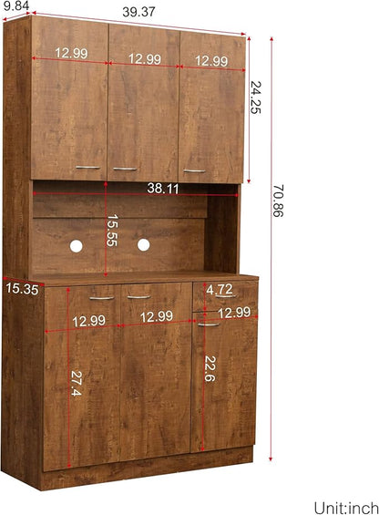 71" Tall Kitchen Pantry Cabinet,Sideboard Buffet Cabinet with 6 Doors and Shelves,Kitchen Island with Microwave Stand,Kitchen Hutch Storage Cabinet with 1 Drawer for Kitchen,Kitchen Cabinet (Walnut)