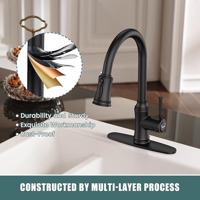 Kitchen Faucet with Pull Down Sprayer, Single Handle High Arc Utility Sink Faucet with Deck Suitable for bar for Kitchen Sink, Laundry Sink, Wet Bar or RV, Matte Black