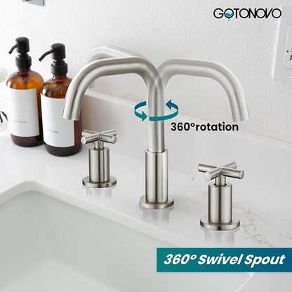 gotonovo 8 inch Widespread 3 Hole Bathroom Sink Faucet,2 Cross Handle Vanity Faucet Deck Mount Basin for Bathroom Sink 360° Swivel Spout with Pop Up Drain Brushed Nickel