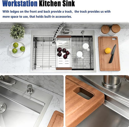 28x22 Drop In Kitchen Sink and Faucet Combo Set - 28 Inch Drop In Kitchen Sink Single Bowl, Stainless Steel 10 Inch Deep Workstation Drop-in Sinks with Accessories