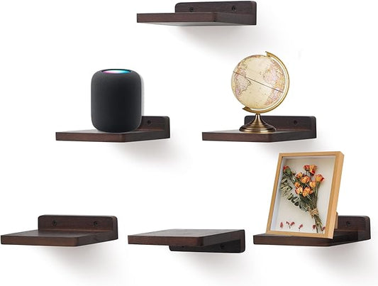 Small Floating Shelf, 5x6 Inch Display Ledges for Wall,Mini Shelves,Rustic Wood Shelf for Bedroom Living Room Bathroom Kitchen (6, Dark Walnut)