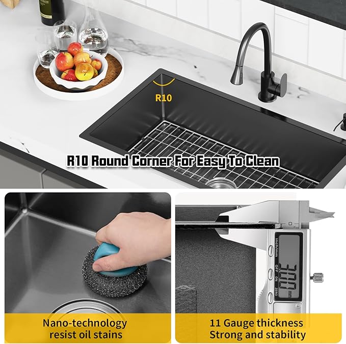 Black 33x19 Inch Undermount Kitchen Sink-Stainless Steel Single Bowl Drop In Kitchen Sink Stylish And Modern Look With Bottom Grid,Silicon Mat And Drain Assembly Add Elegance & Enhance Usability