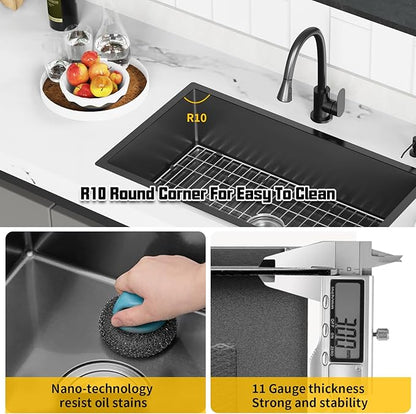 Black 33x19 Inch Undermount Kitchen Sink-Stainless Steel Single Bowl Drop In Kitchen Sink Stylish And Modern Look With Bottom Grid,Silicon Mat And Drain Assembly Add Elegance & Enhance Usability