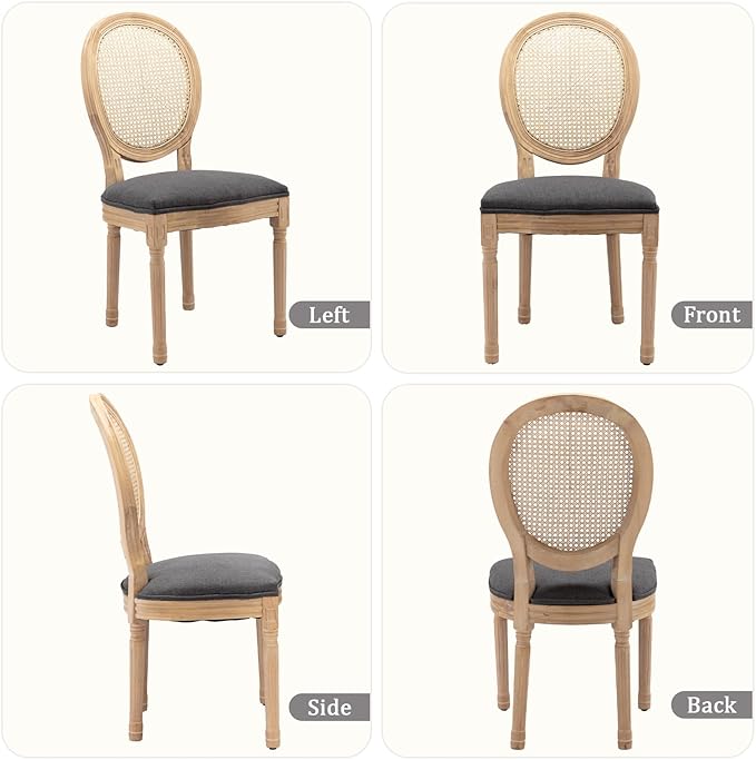 Linen Wooden Dining Chair Set of 6, Upholstered Farmhouse Dining Chair with Solid Wood Frame, Kitchen & Dining Room Chairs for Living Room, Restaurant, Bedroom (Gray-Rattan, Set of 6)