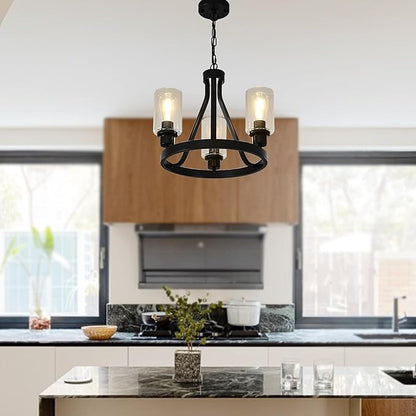 Black Farmhouse Chandelier Lighting Round 3 Lights with Glass Shade Ceiling Hanging Vintage Rustic Light Fixture for Dining Room Living Room Foyer Porch Kitchen Island