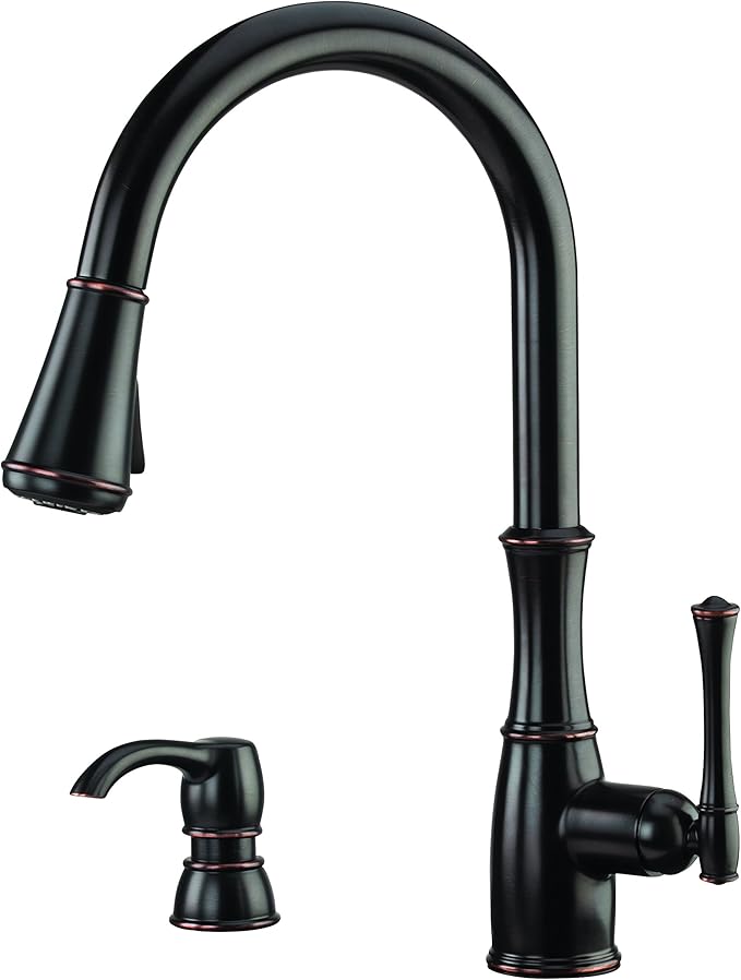 Pfister Wheaton Kitchen Faucet with Pull Down Sprayer and Soap Dispenser, Single Handle, High Arc, Tuscan Bronze Finish, GT529WH1Y