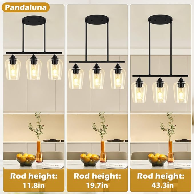 3-Light Pendant Lights Kitchen Island Lighting Fixtures Black Linear Chandelier Dining Room Light Fixture Ceiling Hanging Modern Kitchen Chandeliers Over Table with Clear Glass Shades