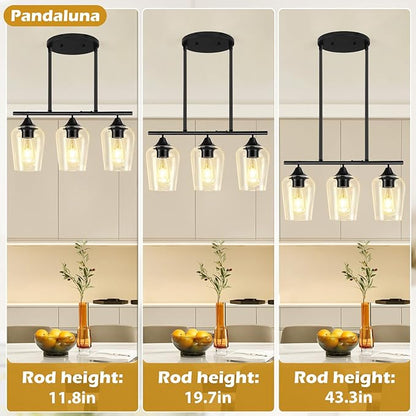 3-Light Pendant Lights Kitchen Island Lighting Fixtures Black Linear Chandelier Dining Room Light Fixture Ceiling Hanging Modern Kitchen Chandeliers Over Table with Clear Glass Shades