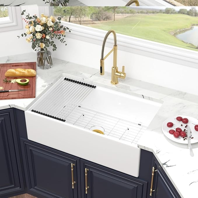 Kichae 33 White Farmhouse Sink Workstation - 33 x 20 Flat Apron Front Farmhouse Kitchen Sink Farm Farmer Porcelain Fireclay Ceramic Ledge Workstation Single Bowl Basin
