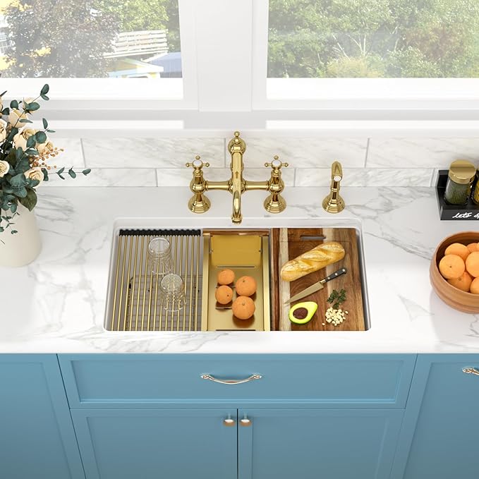 Sarlai 32 Granite Composite Kitchen Sink - 32 x 19 Inch Granite Undermount Kitchen Sink Ledge Workstation Under-Mount White Quartz Classic Single Bowl Sinks Under Counter Basin With Gold Accessories