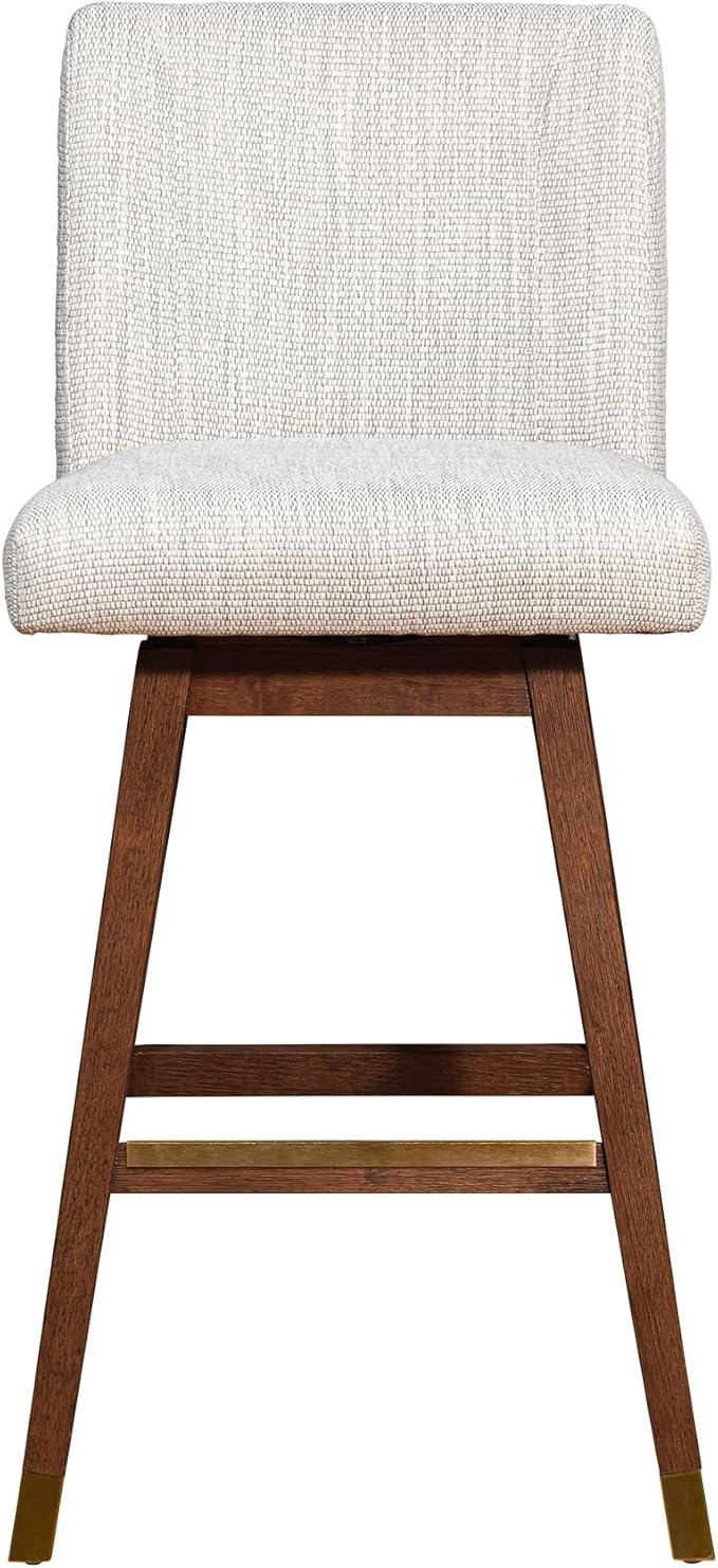 Armen Living Basila Modern Farmhouse 30" Seat Height Swivel Bar Stool for Kitchen Island Counter in Brown Oak Wood with Beige Fabric