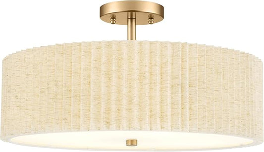Semi Flush Mount Ceiling Lights, 4-Light 18" Gold Light Fixtures Ceiling Mount with Pleated Linen Fabric Shade, Drum Lighting Fixture for Nursery Hallway Bedroom Kitchen, AD-25036-4SF-GD-B