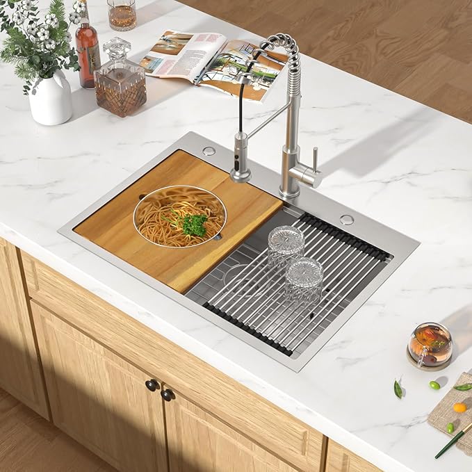 30 Inch Drop In Stainless Steel Kitchen Sink, 16 Gauge Single Bowl Workstation 3-Hole Sink with Cup Washer, Mixing Bowl, and Pasta Strainer #TLT-0060