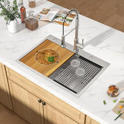 30 Inch Drop In Stainless Steel Kitchen Sink, 16 Gauge Single Bowl Workstation 3-Hole Sink with Cup Washer, Mixing Bowl, and Pasta Strainer #TLT-0060