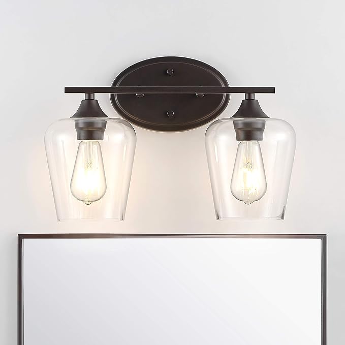 JONATHAN Y 15.75" Oil Rubbed Bronze 2-Light Farmhouse Rustic LED Vanity Light Sconce, Clear Glass Shade, Vintage Indoor Fixture for Bathroom Mirror, LED Bulb Included (JYL7546A)