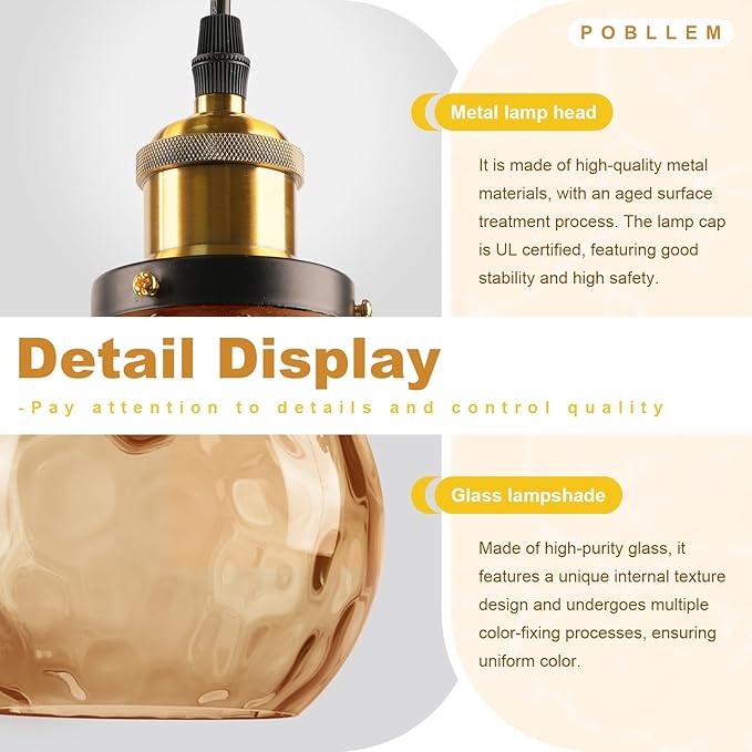 Vintage Amber Pendant Lighting, 13.8" Large Glass Pendant Light with Hammered Globe Shade, Modern Farmhouse Black and Gold Pendant Hanging Light Fixture for Kitchen Island Dining Room Bedroom