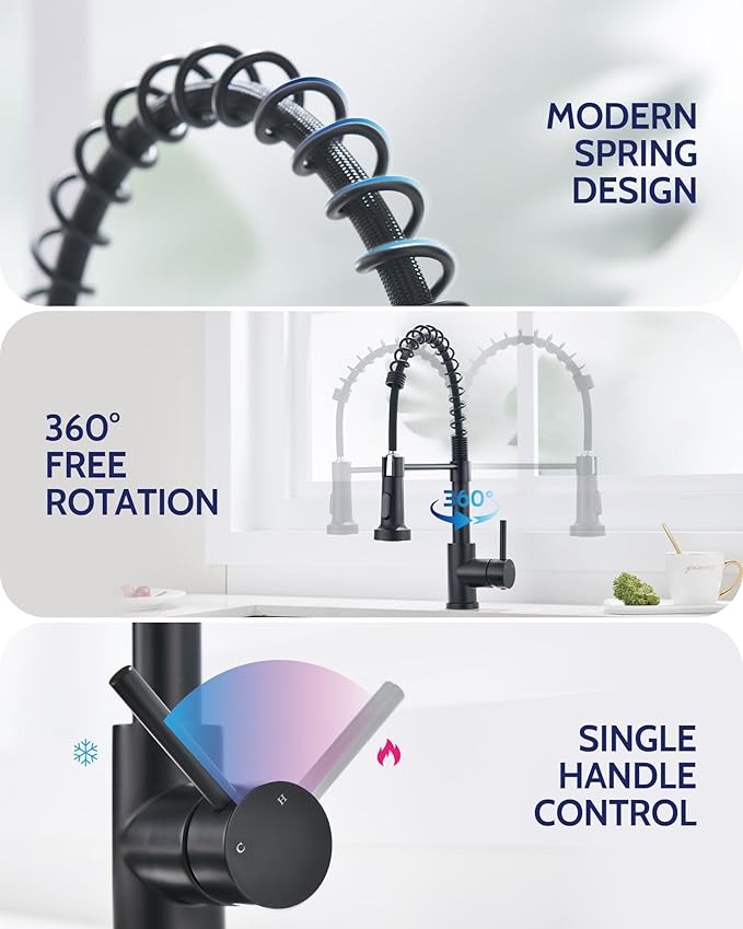 LUFEIDRA Black Kitchen Faucet with Pull Down Sprayer, High Arc Spring 304 Stainless Steel Single Handle 1 or 3 Hole 2 Mode Kitchen Faucets for Farmhouse RV Camper Laundry Wet Bar