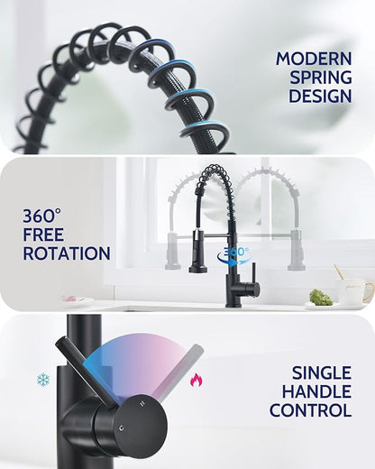 LUFEIDRA Black Kitchen Faucet with Pull Down Sprayer, High Arc Spring 304 Stainless Steel Single Handle 1 or 3 Hole 2 Mode Kitchen Faucets for Farmhouse RV Camper Laundry Wet Bar