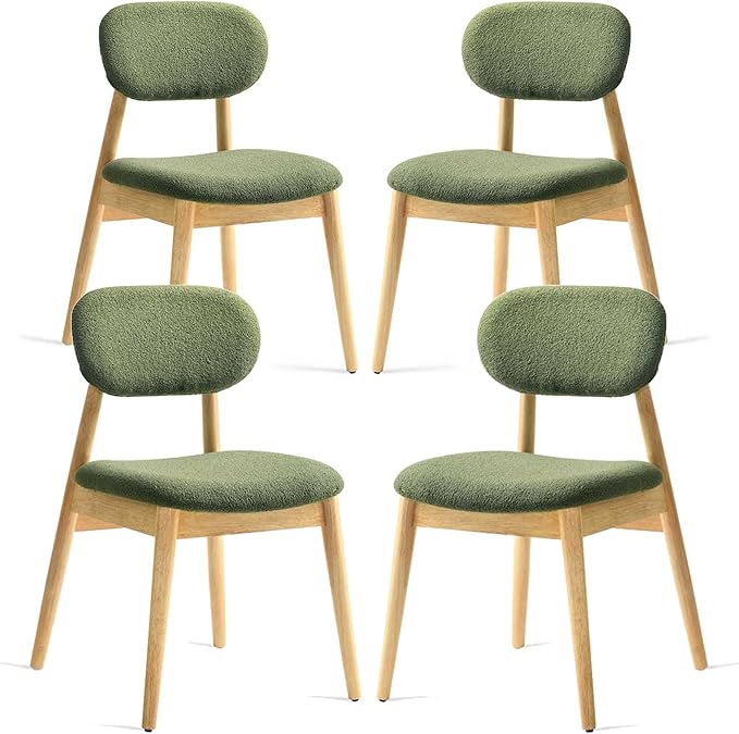 Wooden Dining Chairs Set of 4, Farmhouse Boucle Upholstered Kitchen Chairs, Step-By-Step Video Guide for Assembly, Green