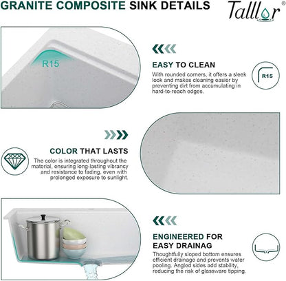 33 Inch Granite Composite Kitchen Sink - White Drop In Workstation All-In One Classic Quartz Single Bowl Kitchen Sink Basin, 2-Holes, 33x22, Top-Mount #TLGT-113