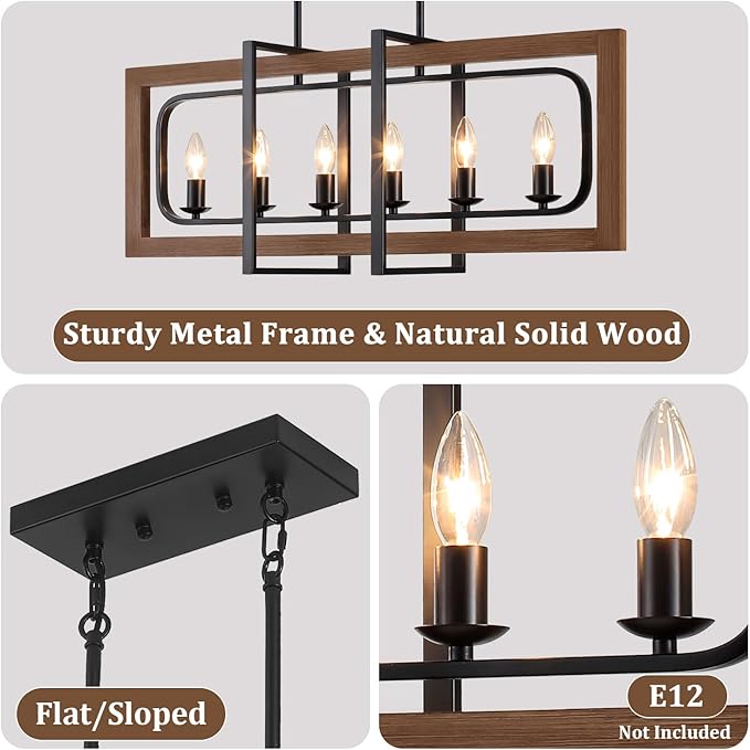 Farmhouse Kitchen Island Lighting, 6-Light Dining Room Light Fixtures Over Table Rustic Wood Pendant Lights Adjustable Chandelier for Kitchen Dining Room