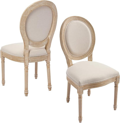 French Country Dining Chairs Set of 2, Upholstered Rattan Dining Chair with Round Backrest, Farmhouse Vintage Dining Chairs for Living Room, Kitchen, Restaurant (Beige-Padded, Set of 2)