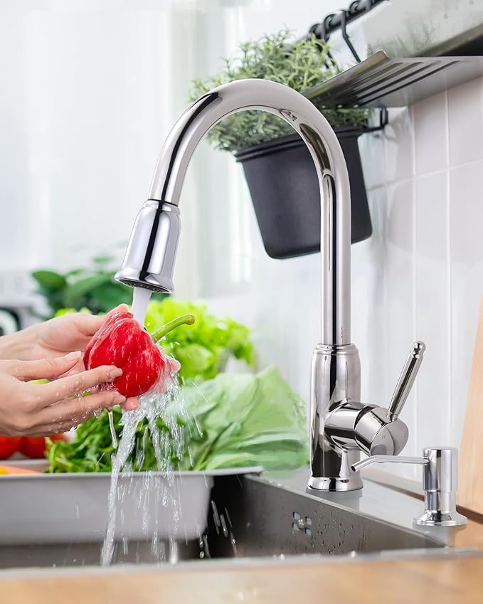 Chrome Kitchen Faucet with Soap Dispenser, WOWOW Stainless Steel Kitchen Faucet for Sink 2 or 4 Hole, High Arc Vintage Kitchen Sink Faucet with Pull Down Sprayer