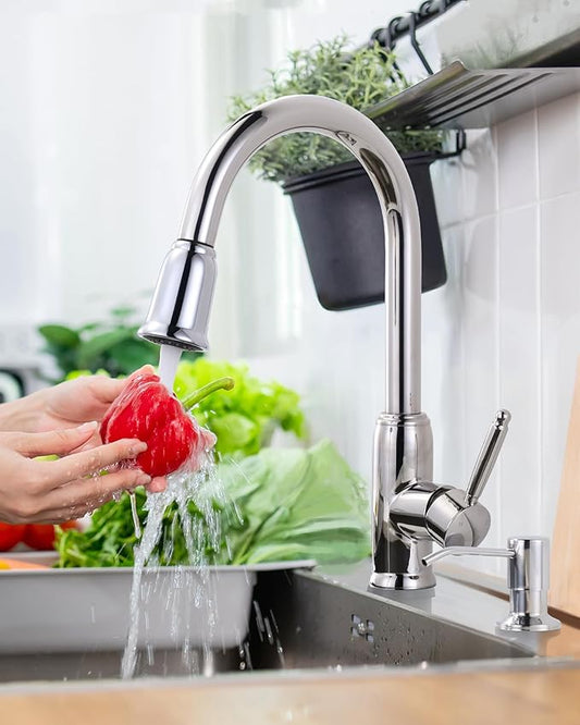 Chrome Kitchen Faucet with Soap Dispenser, WOWOW Stainless Steel Kitchen Faucet for Sink 2 or 4 Hole, High Arc Vintage Kitchen Sink Faucet with Pull Down Sprayer
