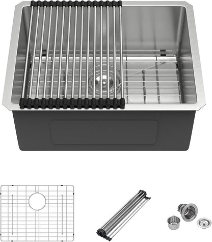 Mocoloo 23 Inch Undermount Kitchen Sink - 23x18 Inch Stainless Steel Kitchen Sink Under Mount 16 Gauge Single Bowl Handmade Basin, 10 Inch Deep