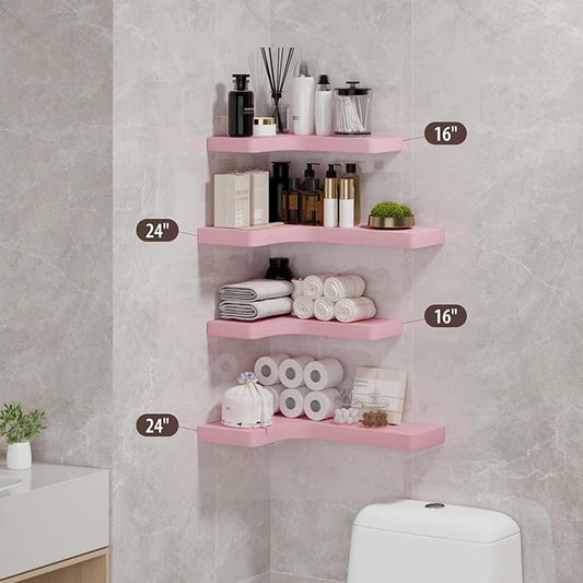SAUMONIERES Corner Floating Shelves Wall Mount Shelf Solid Wood for Bedroom Bathroom Room Kitchen Storage Set of 3, Pink, Invisible Brackets