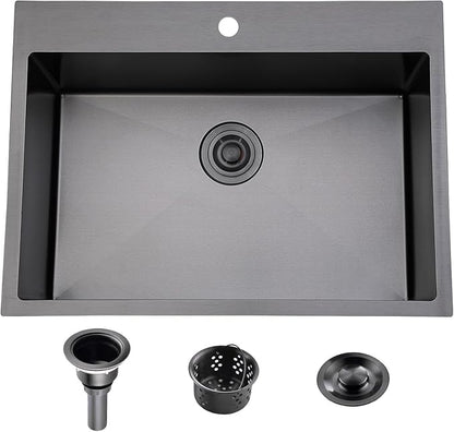 33x22 Black Drop In Kitchen Sink, 33 Inch Stainless Steel Top Mount Single Bowl Sink with Drain Strainer