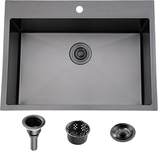 33x22 Black Drop In Kitchen Sink, 33 Inch Stainless Steel Top Mount Single Bowl Sink with Drain Strainer