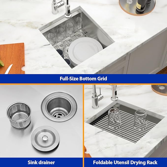 Dcolora 17 In. Undermount Bar Sink Single Bowl Workstation, Round Corner Stainless Steel Prep Sink for RV Camper, 16 Gauge, 17"x19"x10" #DC-U7735
