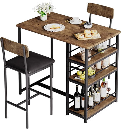 Bar Table Set for 2 with 3 Storage Shelves, Space-Saving Kitchen Table & Chairs with PU Cushions, Thick MDF Wood Top and Steel Frame for Apartment and Bistros - Brown