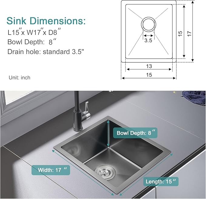 15 inch Bar Sink, KINKIB 15 x 17 inch Undermount Kitchen Bar Sink Single Bowl Black, Handmade T-304 Stainless Steel Bar Sink with Strainer