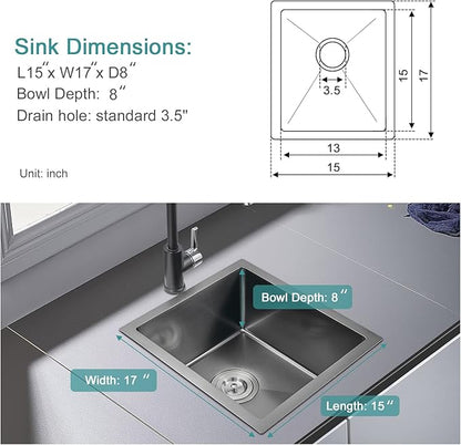 15 inch Bar Sink, KINKIB 15 x 17 inch Undermount Kitchen Bar Sink Single Bowl Black, Handmade T-304 Stainless Steel Bar Sink with Strainer