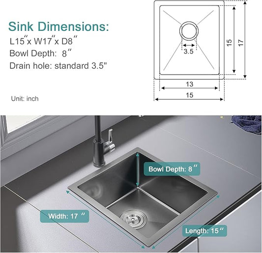 15 inch Bar Sink, KINKIB 15 x 17 inch Undermount Kitchen Bar Sink Single Bowl Black, Handmade T-304 Stainless Steel Bar Sink with Strainer
