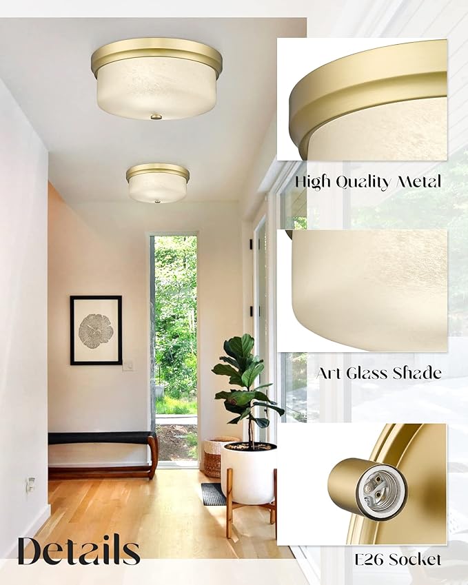 Close to Ceiling Light, 12inch Flush Mount Ceiling Light Fixture, Metal Gold Finish with Handmade White Marble Art Glass Shade for Bedroom Living Room Hallway Kitchen Laundry