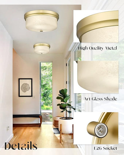 Close to Ceiling Light, 12inch Flush Mount Ceiling Light Fixture, Metal Gold Finish with Handmade White Marble Art Glass Shade for Bedroom Living Room Hallway Kitchen Laundry